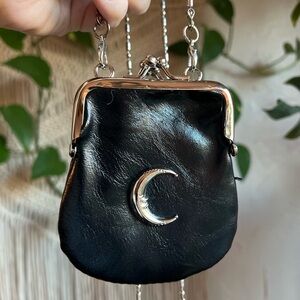 Celestial Moon Coin Purse Black Leather Mini Crossbody Silver Chain